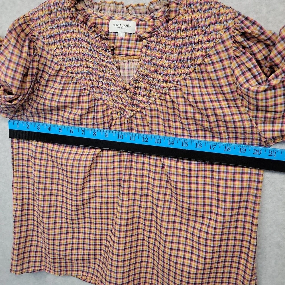 Olivia James The Label Women Large Plaid Smocked Puff Sleeve Blouse Top Cotton - Picture 6 of 10